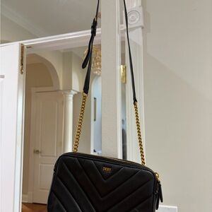 DKNY Black Chevron Crossbody Bag with Gold Chain